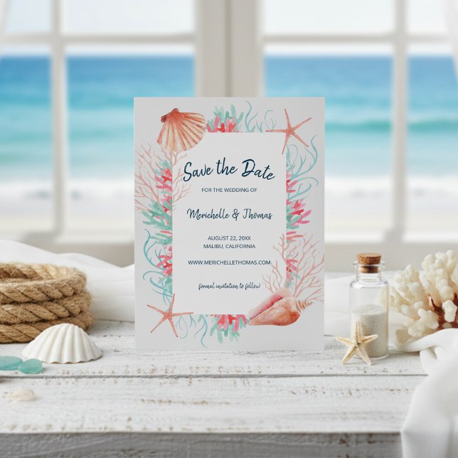 Save The Date Corail tropical | Coquillages de plage aquarelle (Créateur téléchargé)