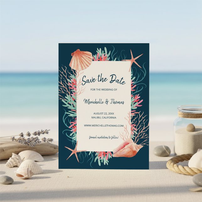 Save The Date Corail tropical | Navy Blue Beach Seashs (Créateur téléchargé)