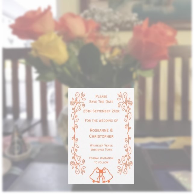 Save The Date Coral Bells Scrollwork Design Mariage (Coral wedding save the date bells and scrollwork design)
