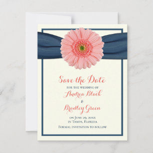 Save The Date Coral Gerbera Daisy Navy Ruban Enregistrer la cart