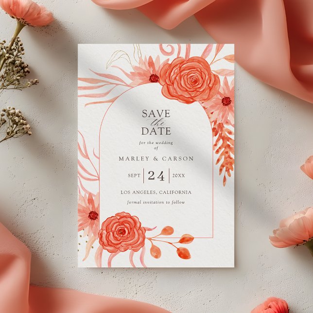 Save The Date Coral Orange Floral Elegant Wedding (Créateur téléchargé)