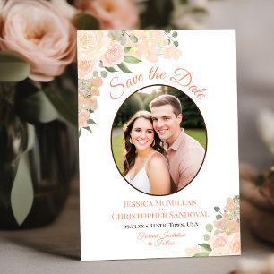 Save The Date Coral Peach Aquarelle Floral Oval Photo Mariage