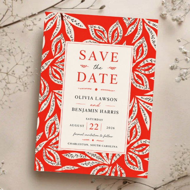 Save The Date Coral Red Botanical Modern Tropical Elegant Leaf (Créateur téléchargé)