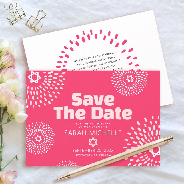 Save The Date Coral rose Bat mitzvah Bold Starburst Cool moderne (Créateur téléchargé)