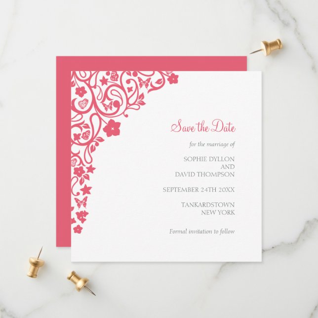 Save The Date Coral rose Floral Papillon Carré Mariage (Devant/Arrière en situation)