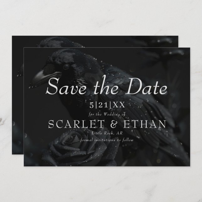 Save The Date Corbeau floral noir gothique et Mariage Rose (Devant / Derrière)