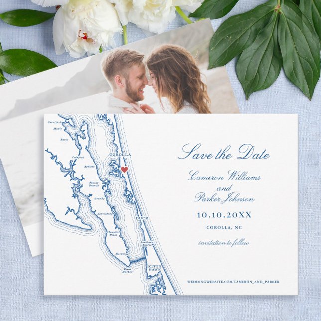 Save The Date Corolla NC Map Elegant Navy Blue Wedding (Corolla NC Map Outer Banks Wedding Photo Save The Date in Elegant Navy Blue by Coastal Map Designs)