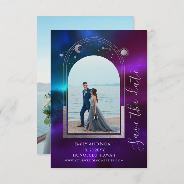 Save The Date Cosmétique violet Turquoise Sun Moon Stars Mariage (Devant / Derrière)