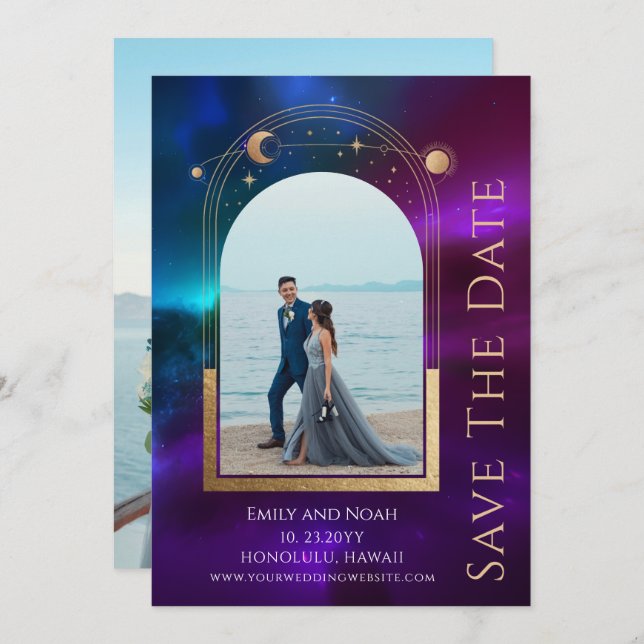 Save The Date Cosmétique violet Turquoise Sun Moon Stars Space (Devant / Derrière)