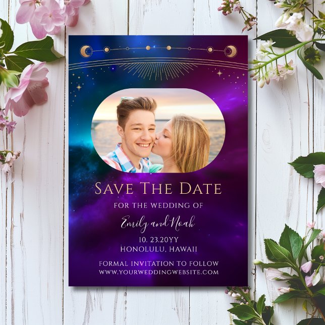 Save The Date Cosmologique violet Turquoise Sun Moon Star Space (Créateur téléchargé)