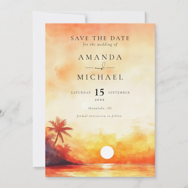 Save The Date Coucher de soleil orange aquarelle mariage à Palm  (Devant)