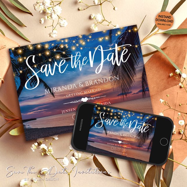 Save The Date Coucher de soleil Palm String lumières Plage tropi (Créateur téléchargé)