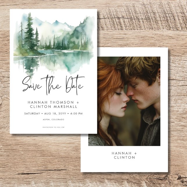 Save The Date Couleur d'eau de la scène du lac Rustic Mountain (Rustic Mountain Lake Scene Watercolor Photo Save The Date)