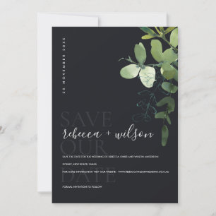 SAVE THE DATE COULEUR D'EAU DU FOLIAGE EUCALYPTUS MODERNE NOIR