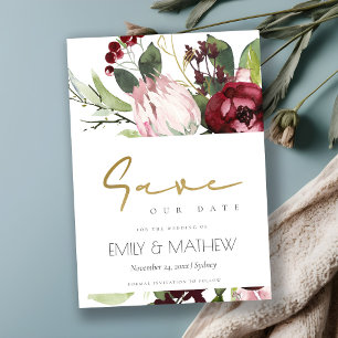 SAVE THE DATE COULEUR D'EAU FLORALE DE PROTÉA BURGUNDÉ ROSE BLAN