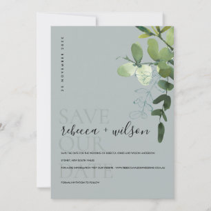 SAVE THE DATE COULEUR D'EAU MODERNE GRISE EUCALYPTUS VERT