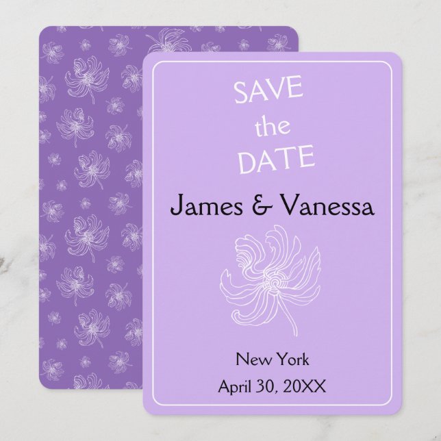 Save The Date Couleur violet clair et pivoines blanches. (Devant / Derrière)