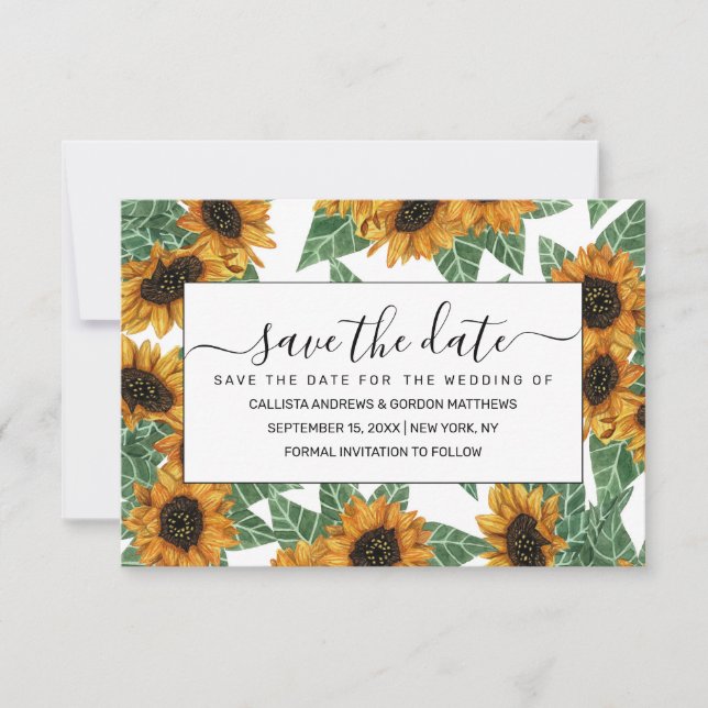 Save The Date Country Cute Yellow Sunflowers Aquarelle Motif (Devant)