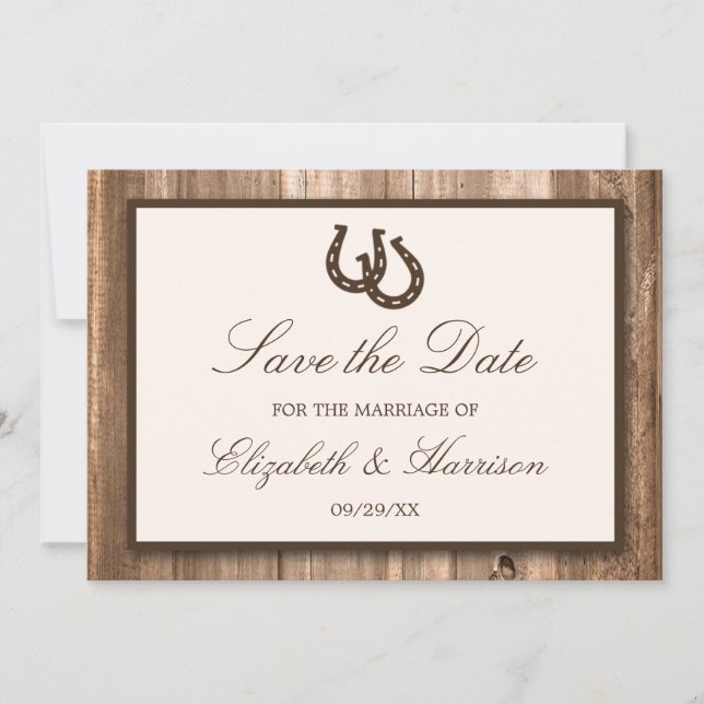 Save The Date Country Rustic Horseshoe, Bois Brown Enregistrer L (Devant)