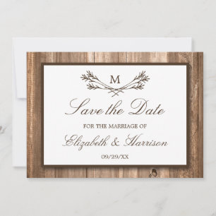Save The Date Country Rustic Wood Monogram Branche Enregistrer l