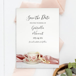 Save The Date Coupe de Thé Rose Floral Perles Mariage Enregistre