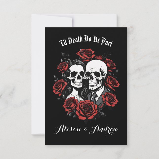 Save The Date Couple de crânes gothiques avec roses mariage  (Devant)