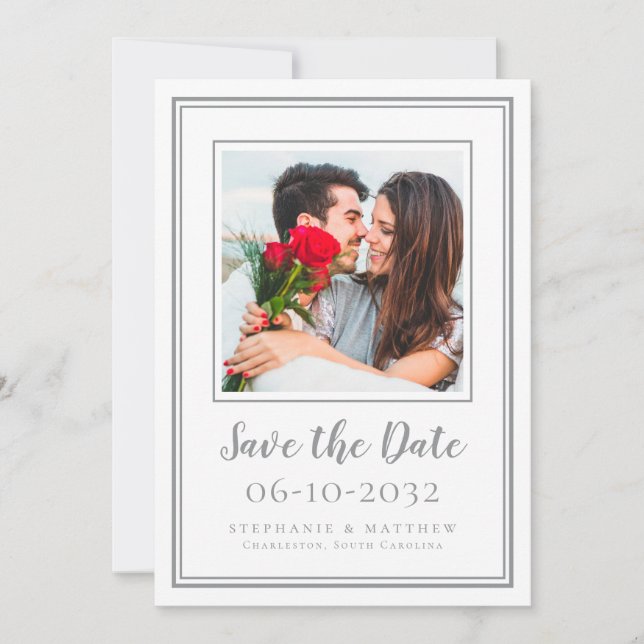 Save The Date Couple fiançailles mariage photo moderne gris blan (Devant)