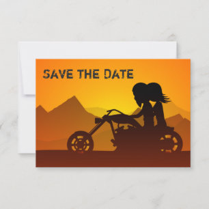 Save The Date Couple moto, Montagne et Mariage coucher de soleil