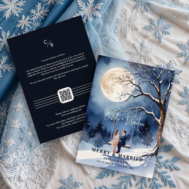 Save The Date Couple romantique sous arbre nu dans la nuit neige (Romantic Couple Under Bare Tree In Snowy Night With Full Moon Save the Dates Cards )