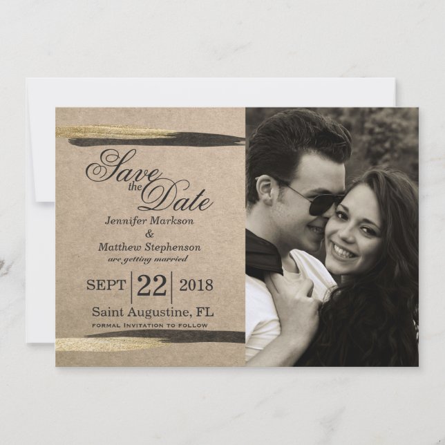 Save The Date Coups de pinceau élégants faux or et noir (Devant)