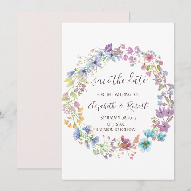 Save The Date Couronne de champ de fleurs sauvages à l'aquarelle (Devant / Derrière)