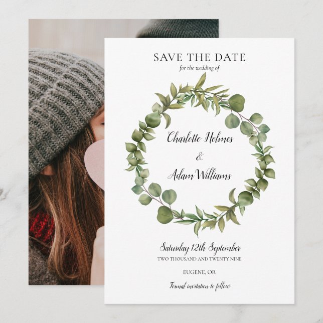 Save The Date Couronne de feuillage de verdure Photo Mariage (Devant / Derrière)