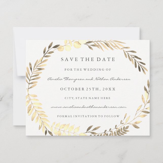 Save The Date Couronne de feuilles dorées modernes pour mariage  (Devant)