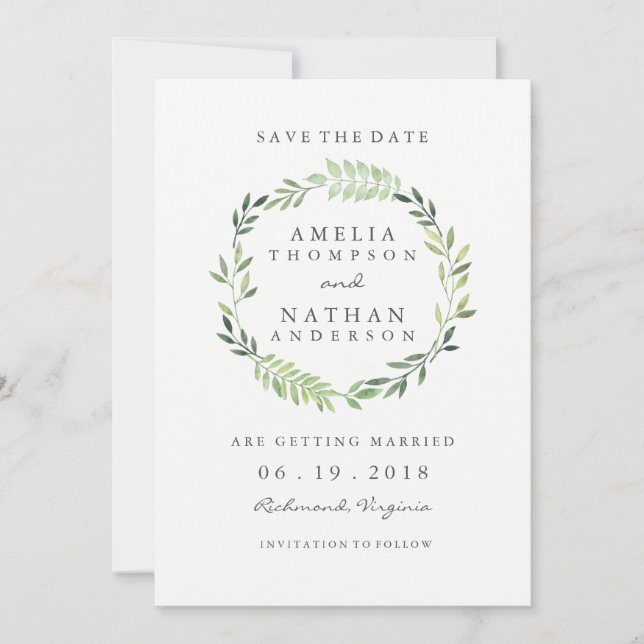 Save The Date Couronne de feuilles vertes à l'aquarelle pour le  (Devant)