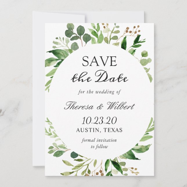 Save The Date Couronne de feuilles vertes modernes pour mariage, (Devant)