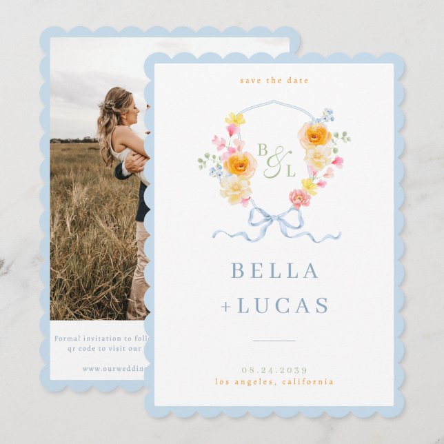 Save The Date Couronne de fleurs à l'aquarelle pour mariage avec (Devant / Derrière)