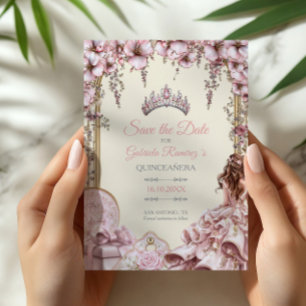 Save The Date Couronne de fleurs argentée et rose pour Quinceañe