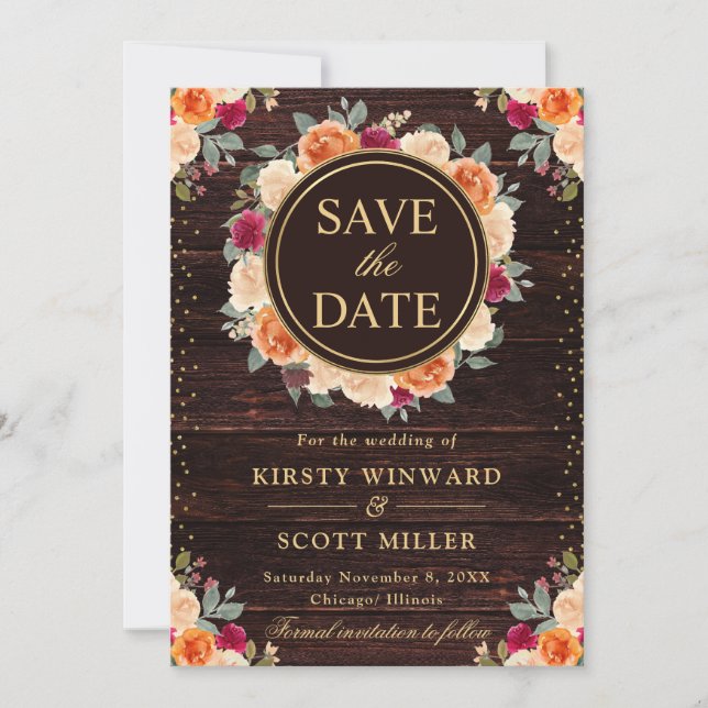 Save The Date Couronne de fleurs de mariage Rouge rustique et Or (Devant)