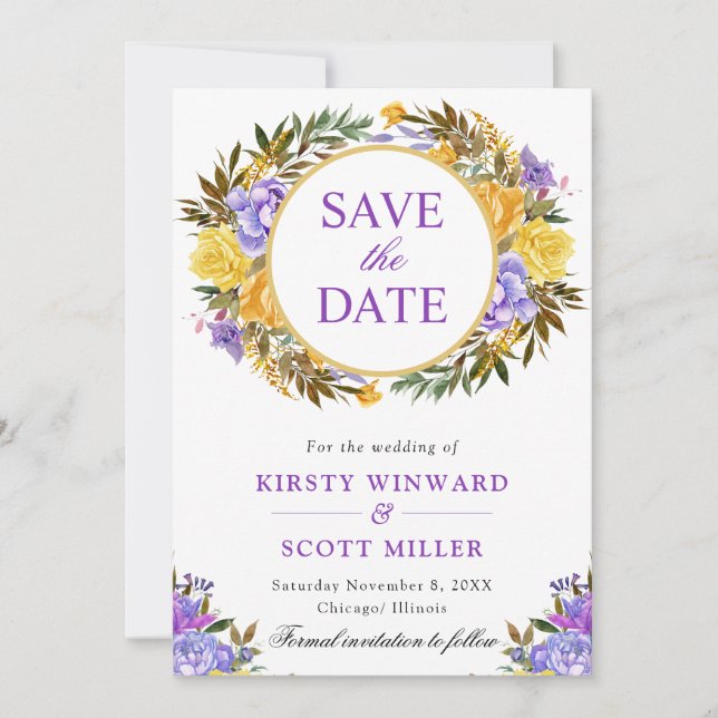 Save The Date Couronne de fleurs violet jaune aquarelle mariage (Devant)