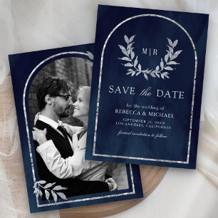 Save The Date Couronne de Laurier Argenté Feuilles Bleu Marine M