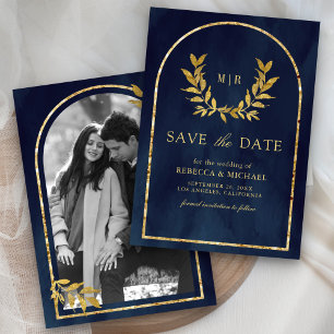 Save The Date Couronne de laurier doré feuilles bleu marine Mari
