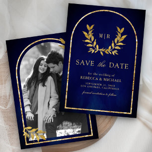 Save The Date Couronne de laurier doré feuilles mariage bleu roy