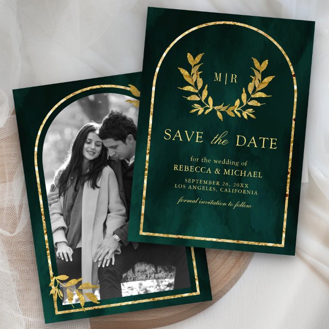 Save The Date Couronne de laurier doré feuilles vert émeraude ma (Créateur téléchargé)