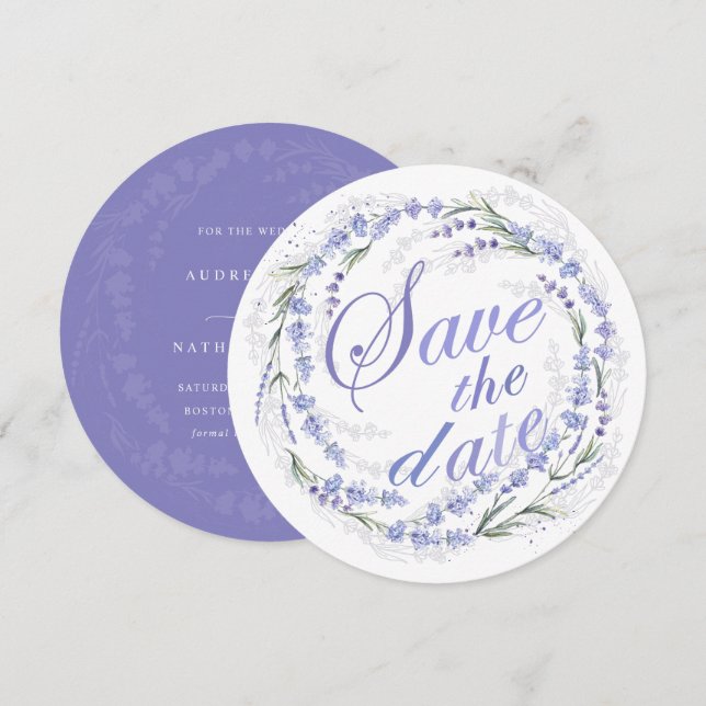 Save The Date Couronne de lavande rustique pour mariage à reteni (Devant / Derrière)