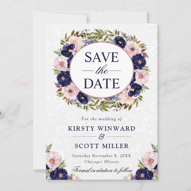 Save The Date Couronne de mariage à l'aquarelle bleue et crème (Devant)