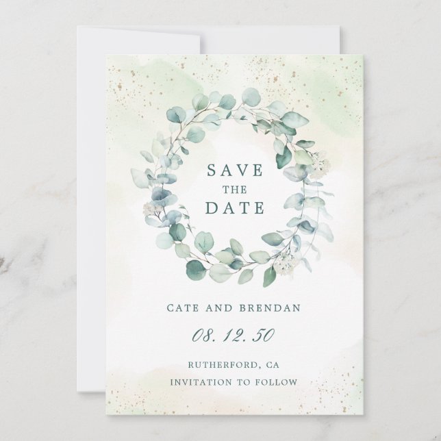 Save The Date Couronne de mariage à l'aquarelle de verdure d'euc (Devant)