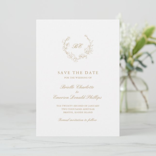 Save The Date Couronne de mariage élégante monogramme or (Debout devant)