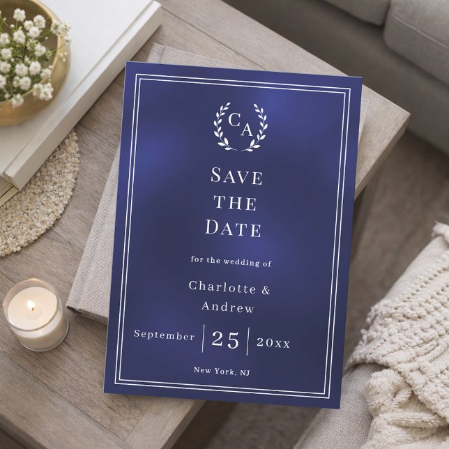 Save The Date Couronne de mariage en bleu marine avec monogramme (Créateur téléchargé)