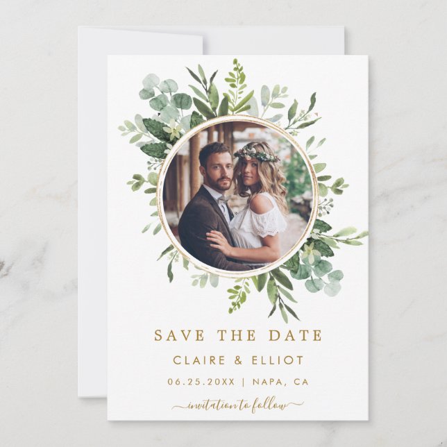 Save The Date Couronne de mariage verte en or botanique Photo (Devant)