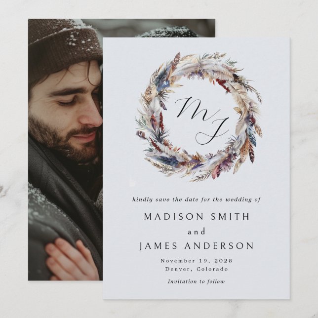 Save The Date Couronne de monogramme de plumes Boho Mariage d'hi (Devant / Derrière)